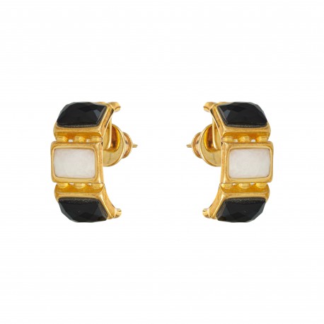 Brinco Fane's Pedra Natural Quartzo Branco e Onix Dourado