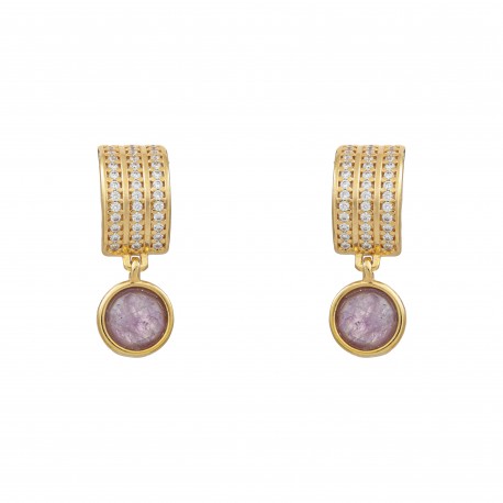 Brinco Fane's Pedra Natural Quartzo Ametista Zircônias Dourado