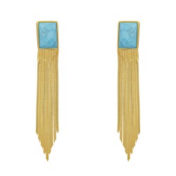 Brinco Fane's Pedra Natural Hawlita Azul Franjas Dourado