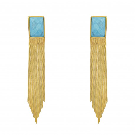 Brinco Fane's Pedra Natural Hawlita Azul Franjas Dourado