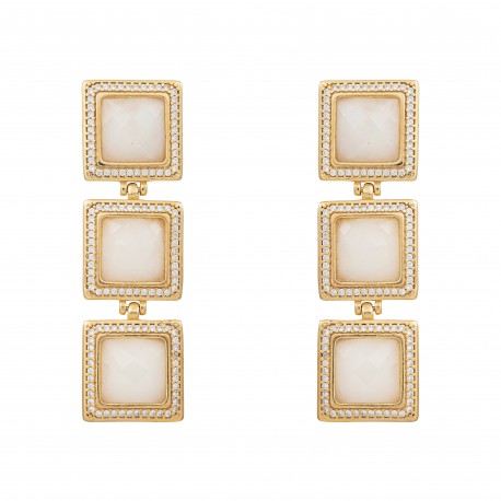 Brinco Fane's Pedra Natural Quartzo Branco Zircônias Dourado