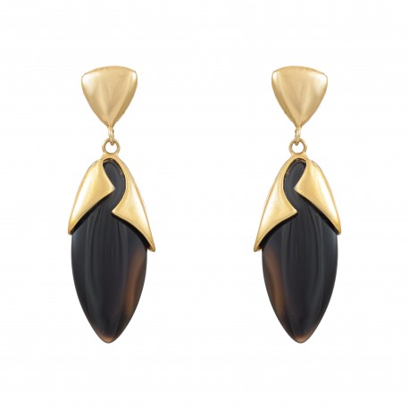 Brinco Fane's Pedra Natural Ágata Negra Dourado
