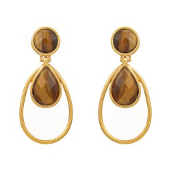 Brinco Fane's Pedra Natural Olho de Tigre Gota Dourado