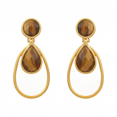 Brinco Fane's Pedra Natural Olho de Tigre Gota Dourado