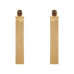 Brinco Fane's Pedra Natural Quartzo Fume Franjas Dourado