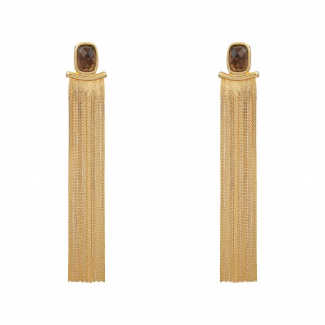 Brinco Fane's Pedra Natural Quartzo Fume Franjas Dourado