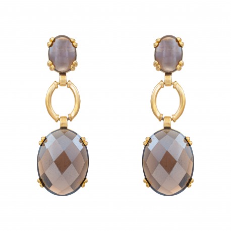 Brinco Fane's Pedra Natural Quartzo Fume Elos Dourado