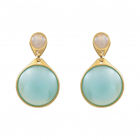 Brinco Fane's Pedra Natural Ágata Azul Perolada Dourado