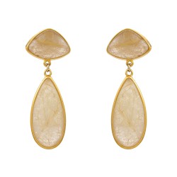 Brinco Fane's Pedra Natural Quartzo Rutilado Dourado