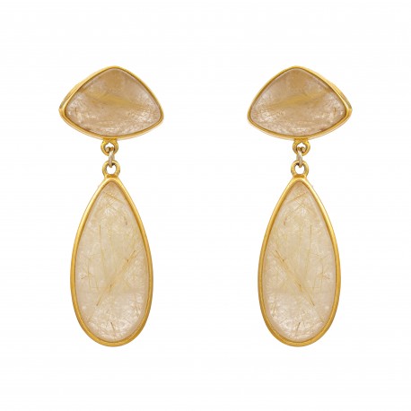 Brinco Fane's Pedra Natural Quartzo Rutilado Dourado