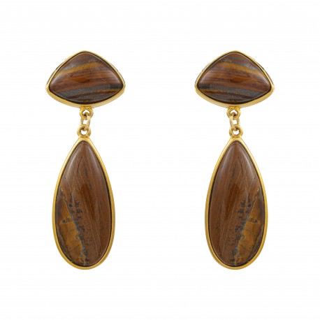 Brinco Fane's Pedra Natural Olho de Tigre Dourado