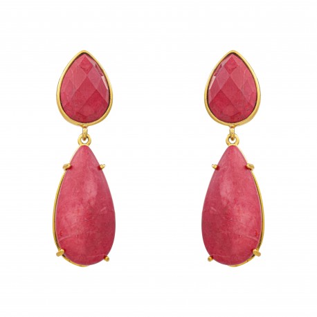 Brinco Fane's Pedras Naturais Jaspe Pink Dourado