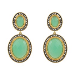 Brinco Fane's Pedra Natural Ágata Verde Zircônias Dourado
