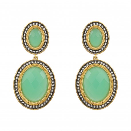 Brinco Fane's Pedra Natural Ágata Verde Zircônias Dourado