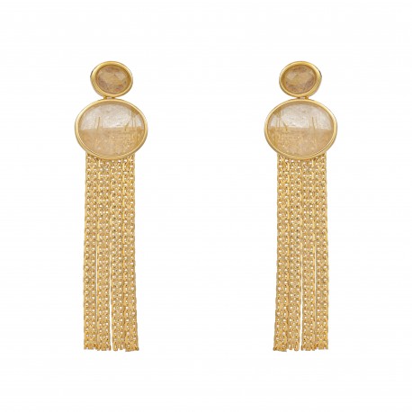 Brinco Fane's Pedra Natural Quartzo Rutilado Franjas Dourado