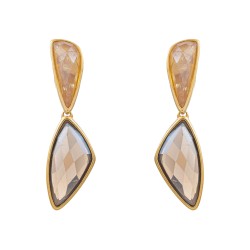 Brinco Fane's Pedra Natural Citrino e Quartzo Fume Dourado