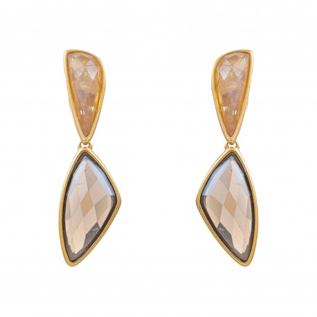 Brinco Fane's Pedra Natural Citrino e Quartzo Fume Dourado