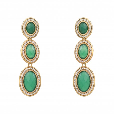 Brinco Fane's Pedra Natural Ágata Verde Zircônias Dourado
