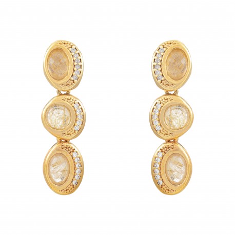 Brinco Fane's Pedras Naturais Quartzo Rutilado Zircônias Dourado