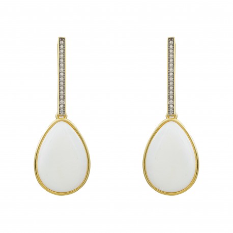 Brinco Fane's Pedra Natural Ágata Branca Zircônia Dourado