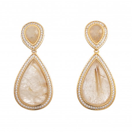 Brinco Fane's Pedra Natural Rutilado Zirconias Dourado