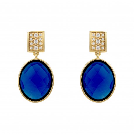 Brinco Fane's Pedra Natural Cristal Azul Bick Zircônias Dourado