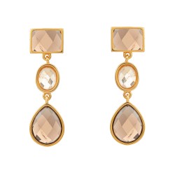 Brinco Fane's Pedra Natural Quartzo Fume e Rutilado Dourado