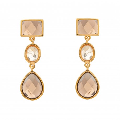 Brinco Fane's Pedra Natural Quartzo Fume e Rutilado Dourado