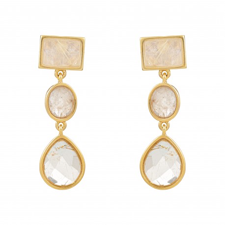 Brinco Fane's Pedra Natural Quartzo Rutilado Dourado