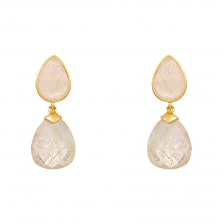 Brinco Fane's Pedra Natural Quartzo Rutilado Dourado