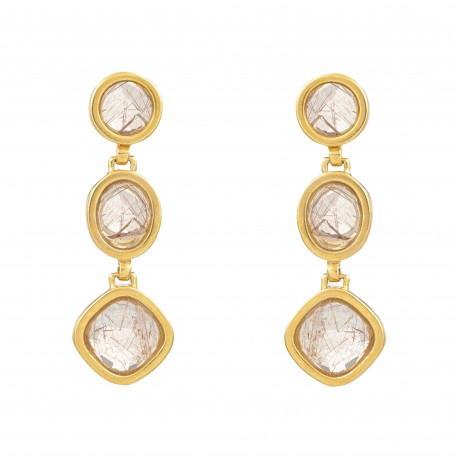 Brinco Fane's Pedra Natural Quartzo Rutilado Dourado