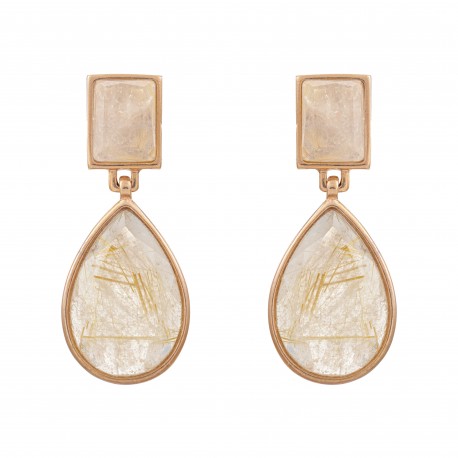 Brinco Fane's Pedra Natural Quartzo Rutilado Dourado