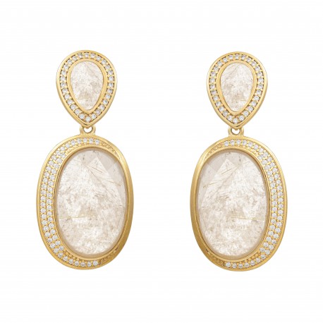 Brinco Fane's Pedras Naturais Quartzo Rutilado Zircônias Dourado