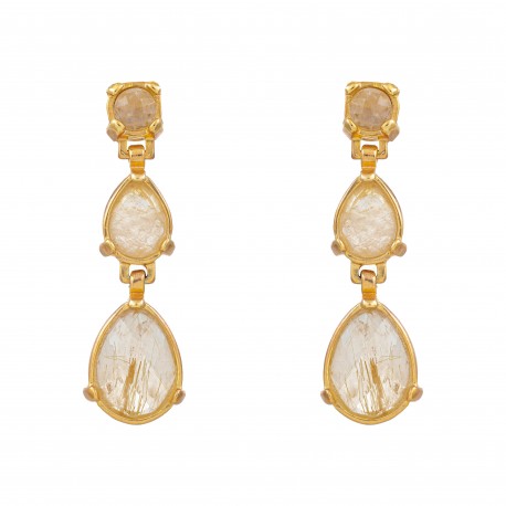 Brinco Fane's Pedras Naturais Quartzo Rutilado Dourado