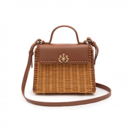 Bolsa Isla Selene Top Handle Rattan Couro Caramelo