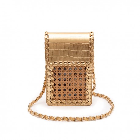 Bolsa Isla Mini Pouch Palha Sextavada New Croco New Gold