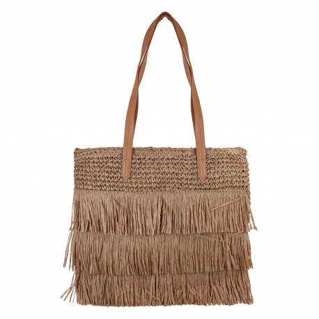 Bolsa Maria Chic Acessórios Maxi Franhas Palha Bege