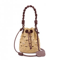 Bolsa Isla Bucket Crochê Monograma Rafia Creme Pinhão