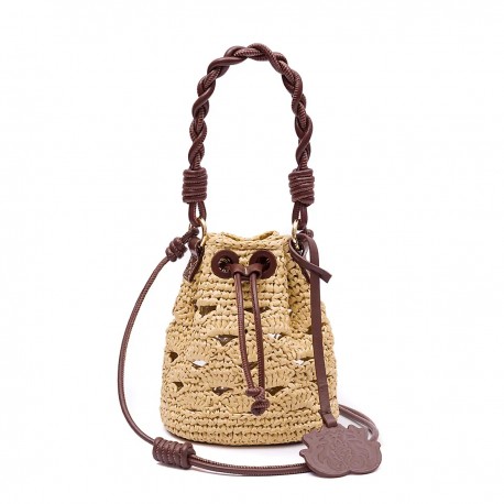 Bolsa Isla Bucket Crochê Monograma Rafia Creme Pinhão