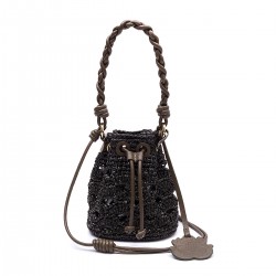 Bolsa Isla Bucket Crochê Monograma Rafia Oliva Preta