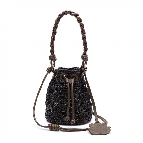 Bolsa Isla Bucket Crochê Monograma Rafia Oliva Preta