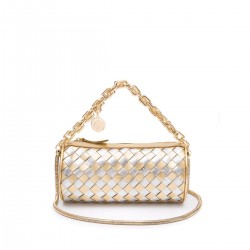 Bolsa Isla Cilíndrica Tressê Couro Ouro Prata