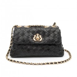 Bolsa Isla Flap Tressê Couro Preto Ouro