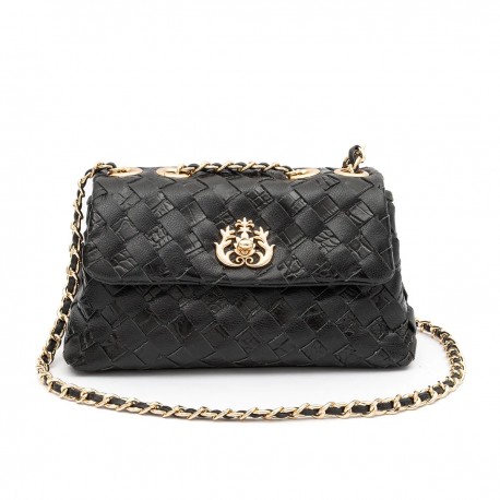 Bolsa Isla Flap Tressê Couro Preto Ouro