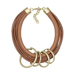 Colar Luiza Rogi Ava Fios Couro Camel Aros Ouro Envelhecido