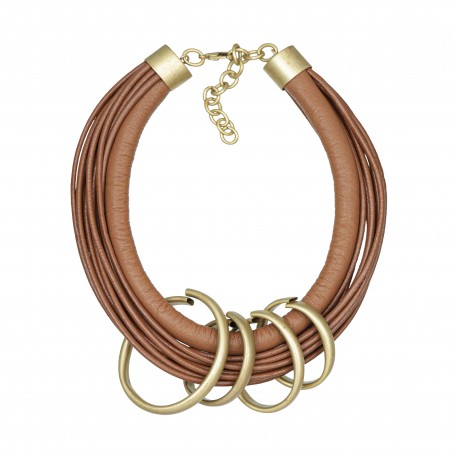 Colar Luiza Rogi Ava Fios Couro Camel Aros Ouro Envelhecido