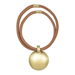 Colar Luiza Rogi Ava Aros Couro Camel Pingente Ouro Envelhecido