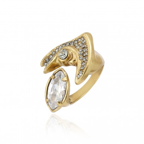 Anel Claudia Arbex Ocean Deep Cristais Ouro Vintage