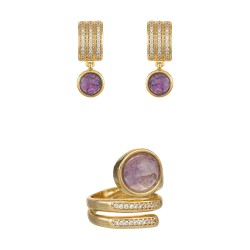 Conjunto Fane's Pedras Naturais Ametista Zircônia Metal Ouro