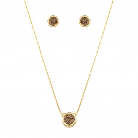 Conjunto Fane's Pedras Naturais Drusa Bronze Metal Dourado PP